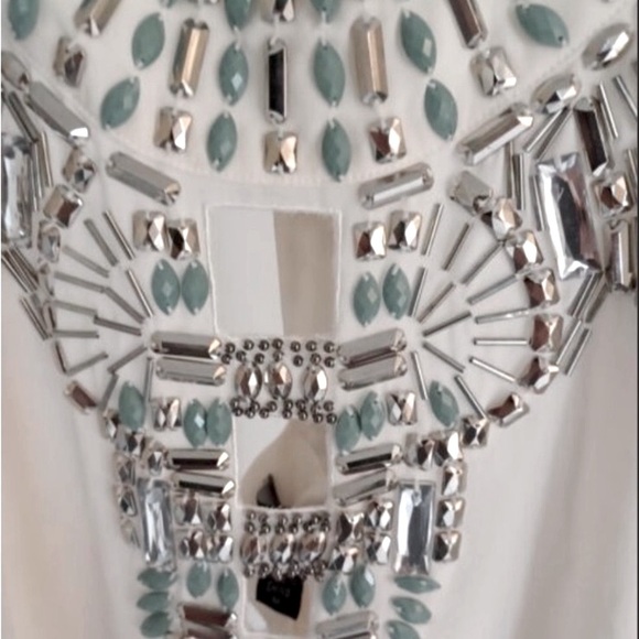 BEBE 100% Silk Ivory Cleo White Tunic Size XXS Embellishments Turquoise gems - Picture 9 of 9